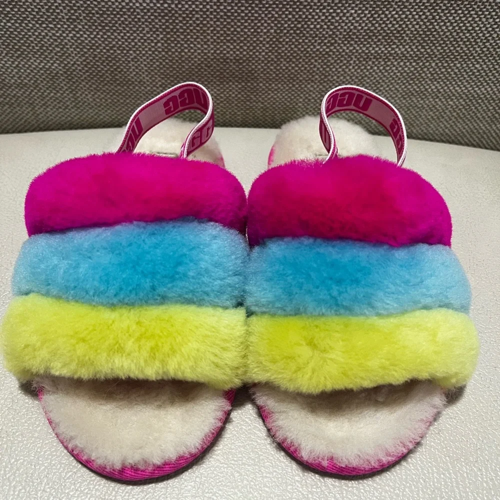 UGG Fluff Yeah Slides Neon Rainbow Sleepers Little Girls Size 11